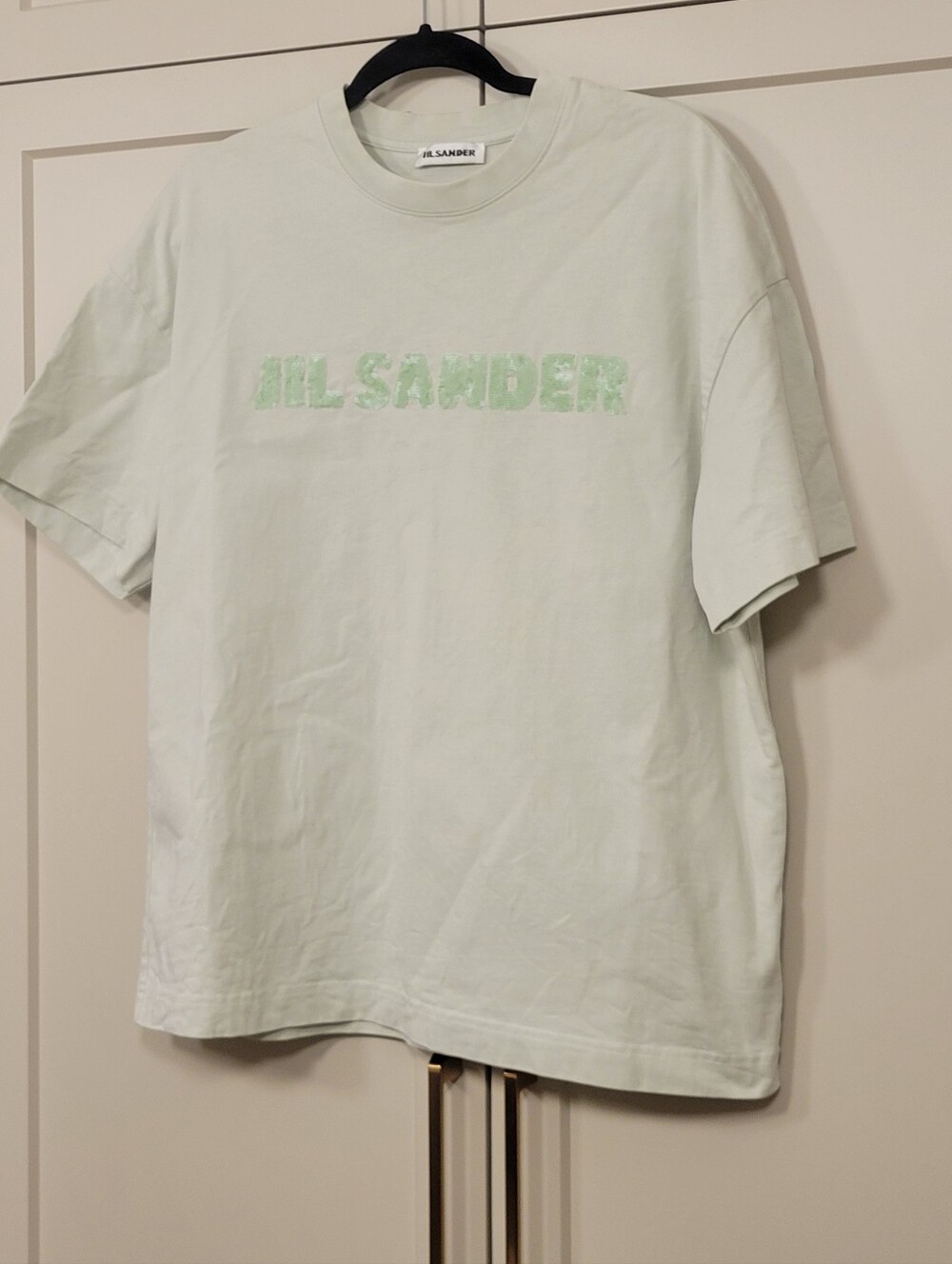 Jil Sander Pale Mint Sequin Logo T‑Shirt Sz S Mens Oversized 100% cotton *flaws*